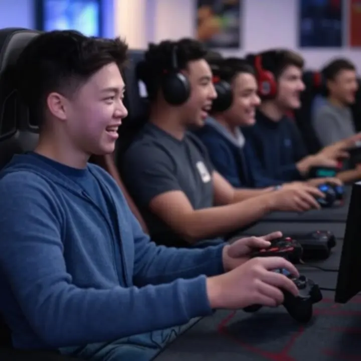 Gracze testujący sprzęt gamingowy różnych marek w społecznościowym setupie