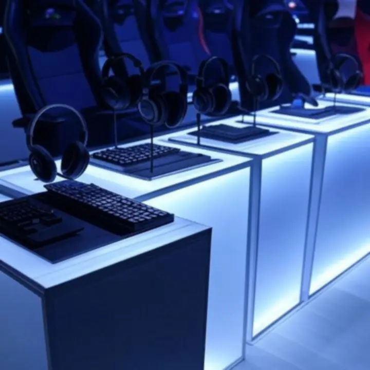 Półka z nowoczesnym sprzętem gamingowym topowych marek