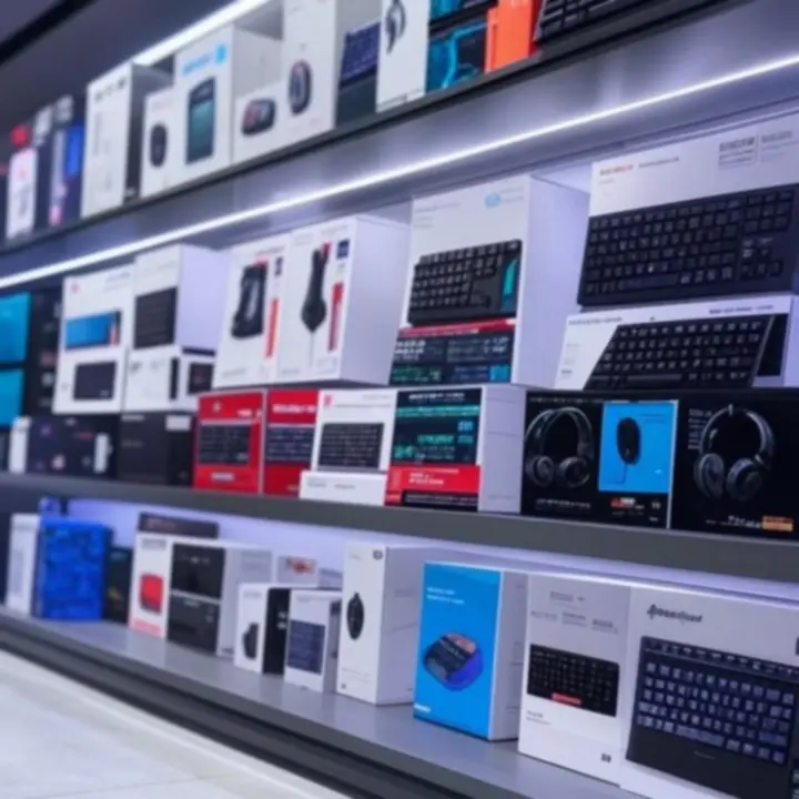 Logo i sprzęt popularnych marek gamingowych na ciemnym tle.