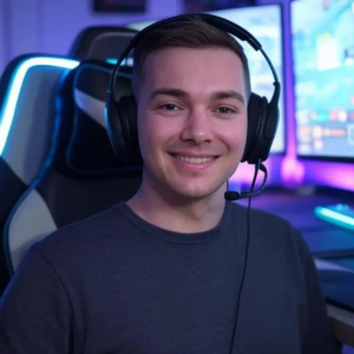 Gracz prezentujący swoje stanowisko gamingowe z podświetleniem RGB