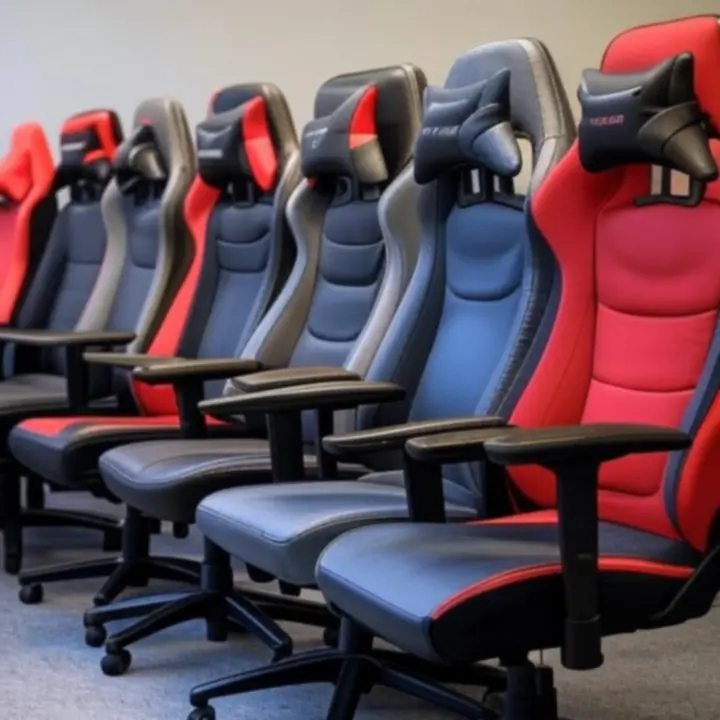 Galeria różnych foteli gamingowych ustawionych w rzędzie w showroomie