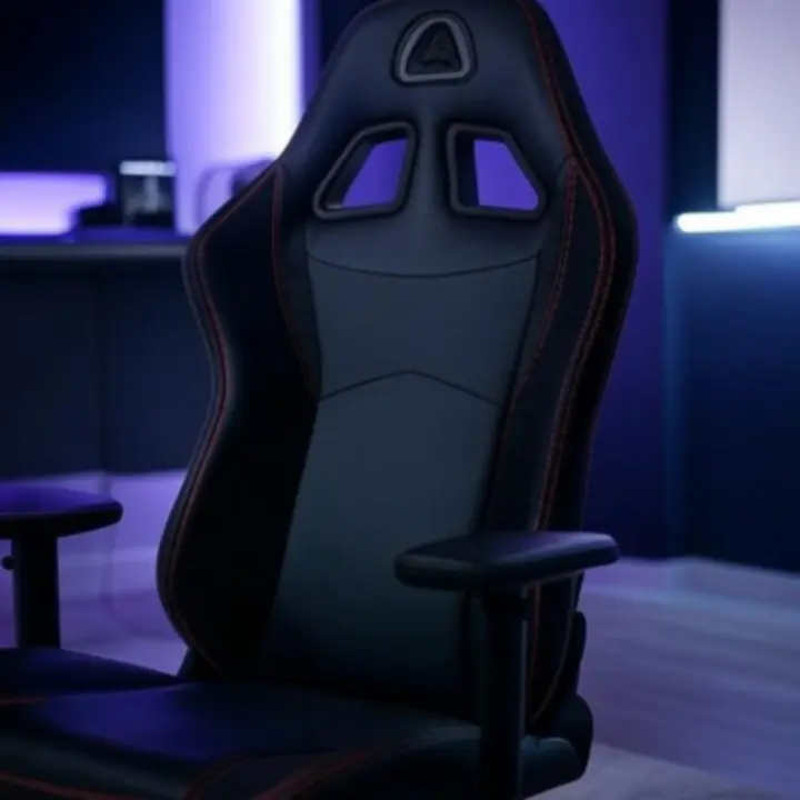 Czarny fotel gamingowy z niebieskimi akcentami w nowoczesnym pokoju gracza