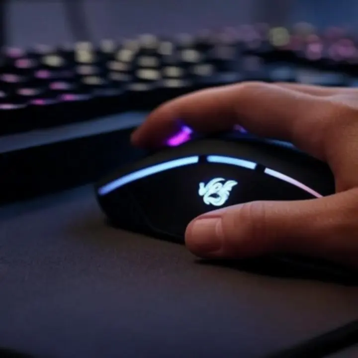 Mysz gamingowa używana przy stanowisku komputerowym w ciemnym pokoju gracza