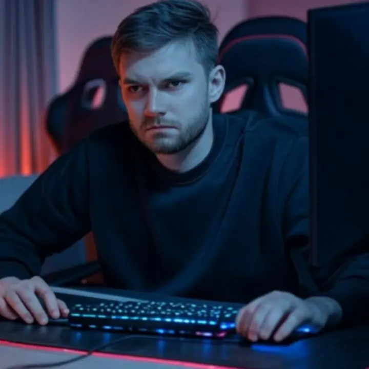 Polski gracz przy biurku recenzujący sprzęt gamingowy