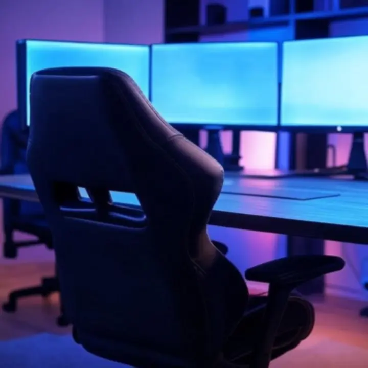 Ergonomiczny fotel gamingowy przy biurku z monitorami i podświetleniem LED w pokoju gracza