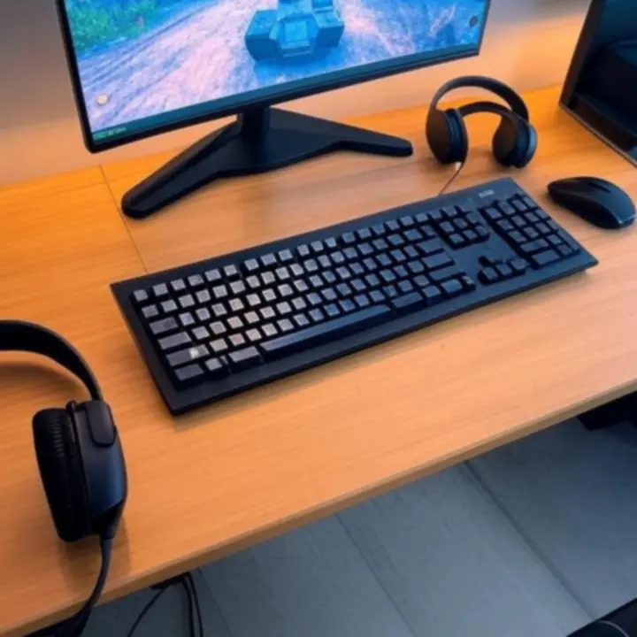 Gamingowy setup z podświetlaną klawiaturą i monitorem wyświetlającym przewodnik.