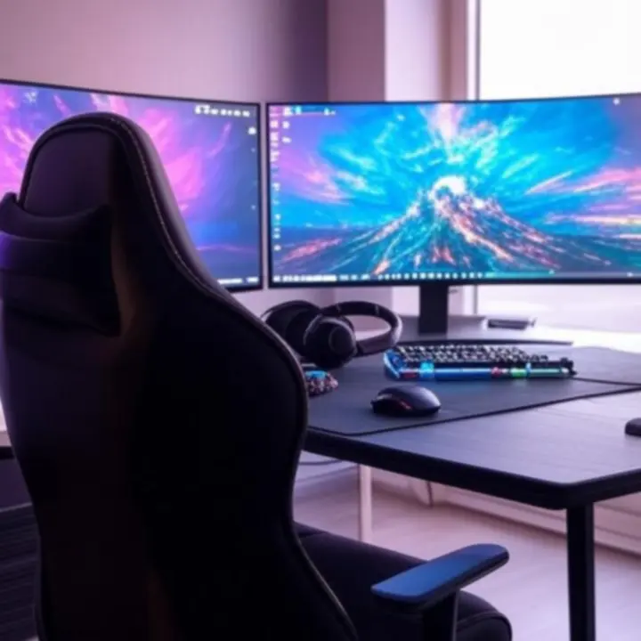 Nowoczesne biurko gamingowe z podświetlaną klawiaturą, myszką i słuchawkami.