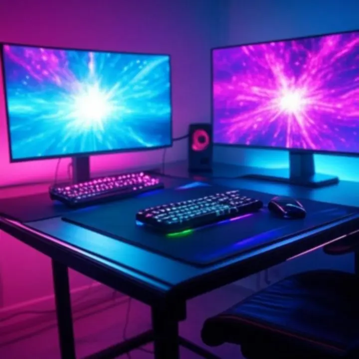 Kompletny setup gamingowy z różnymi akcesoriami na biurku gracza