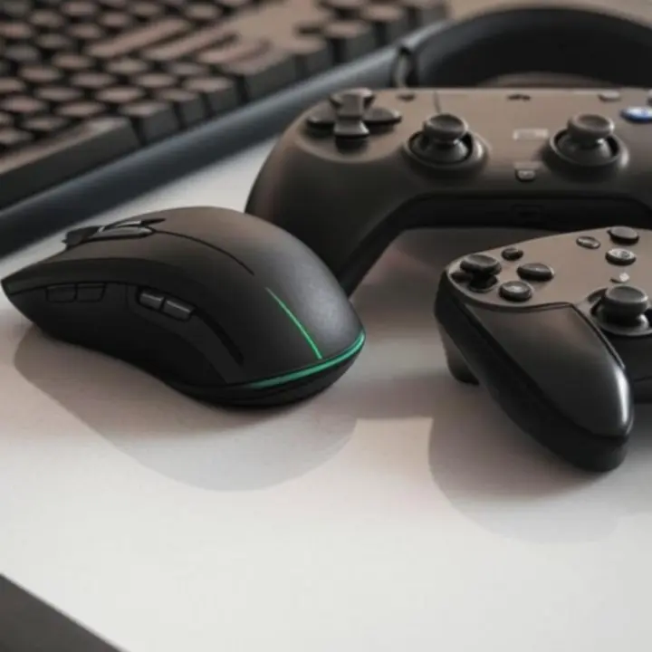 Zbiór nowoczesnych akcesoriów gamingowych zaprezentowanych na ciemnym tle.